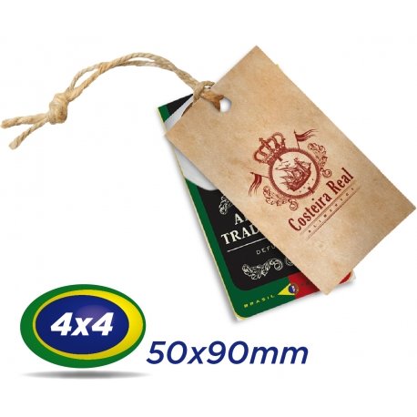 500 TAGs 5x9cm COUCHE 300g 4x4 cor -UV Total Frente com furo de 3 ou 5mm - Produção 3 dias